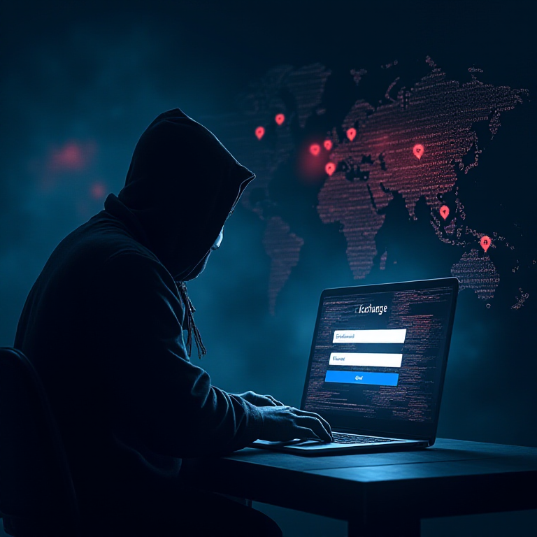 Illustration of a hacker injecting JavaScript into a Microsoft Exchange login page with global cyberattack indicators.