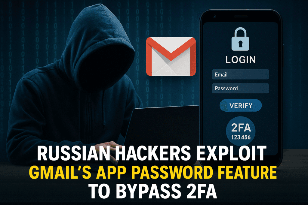 Hooded hacker beside Gmail icon and login screen with text: “Russian hackers exploit Gmail’s app password feature to bypass 2FA”