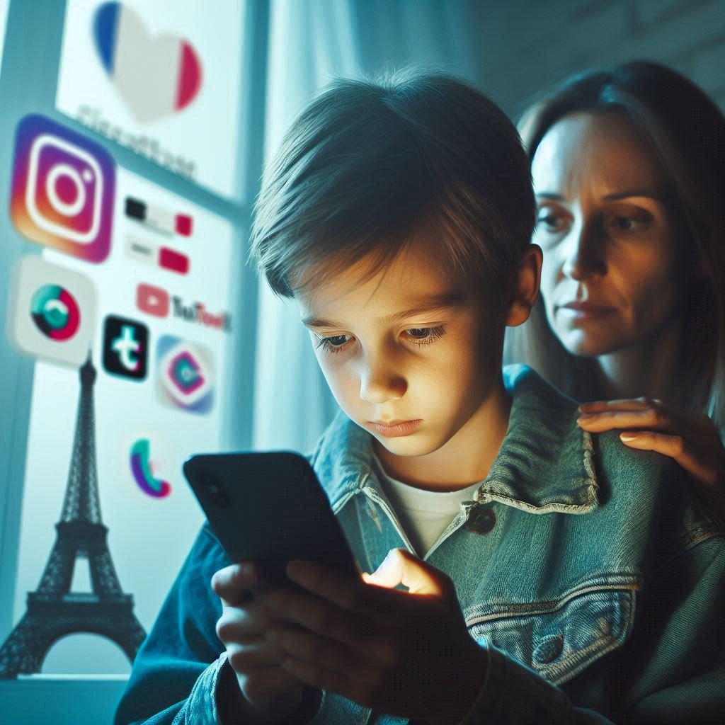 A concerned parent watches their child use a smartphone, with blurred social media logos in the background and a subtle French flag overlay, symbolizing Macron’s push to ban social media for under-15s.