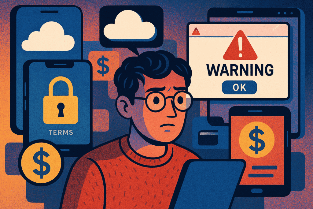 Person looking at laptop surrounded by cloud, lock, dollar, and warning icons on screens