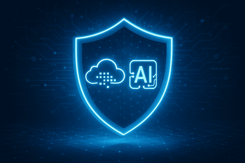 AI cloud security shield icon on a blue digital background