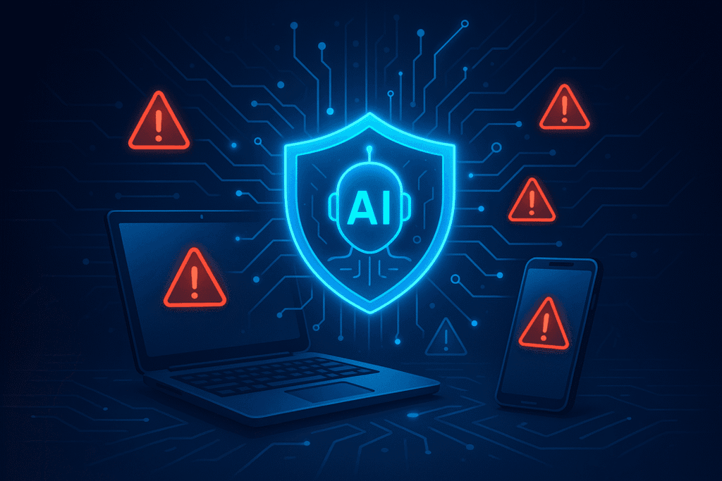 AI security shield protecting a laptop and phone from warning alerts