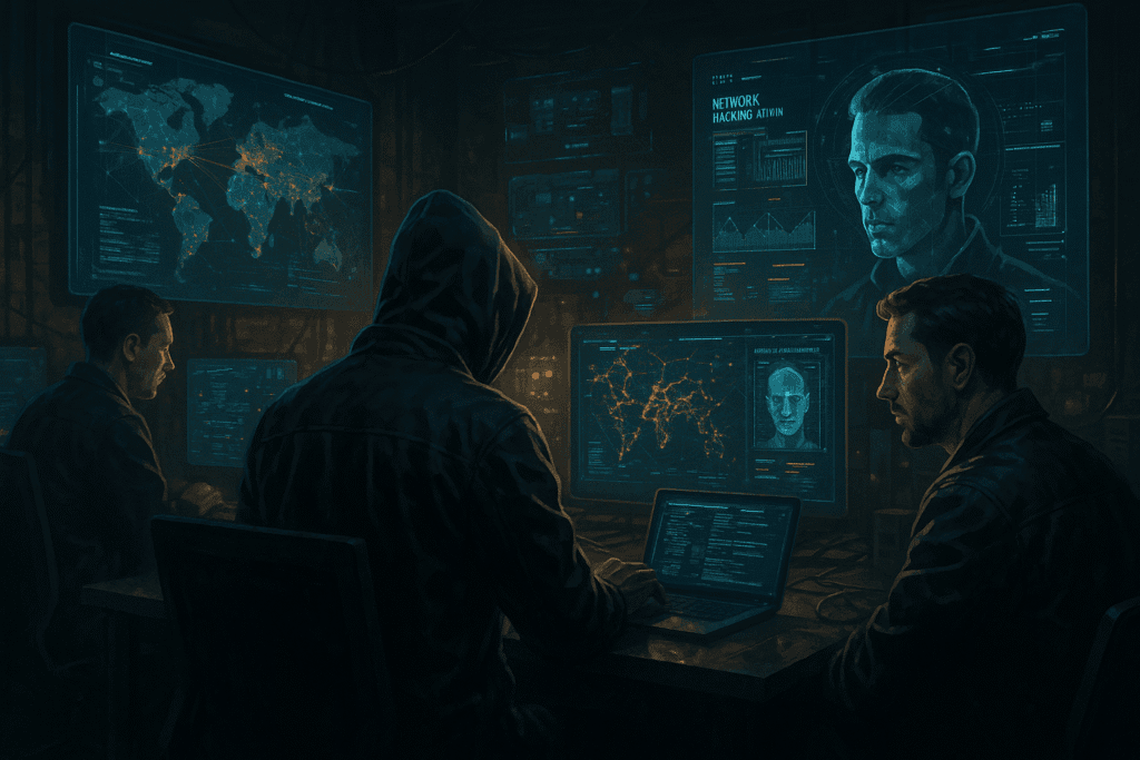 Hooded hackers working at computers in a dark cybercrime control room with world maps and surveillance screens