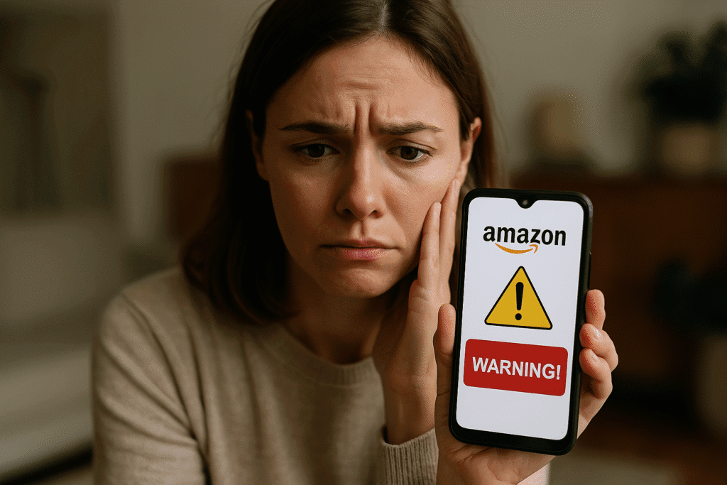 Woman holding a phone showing an Amazon warning alert