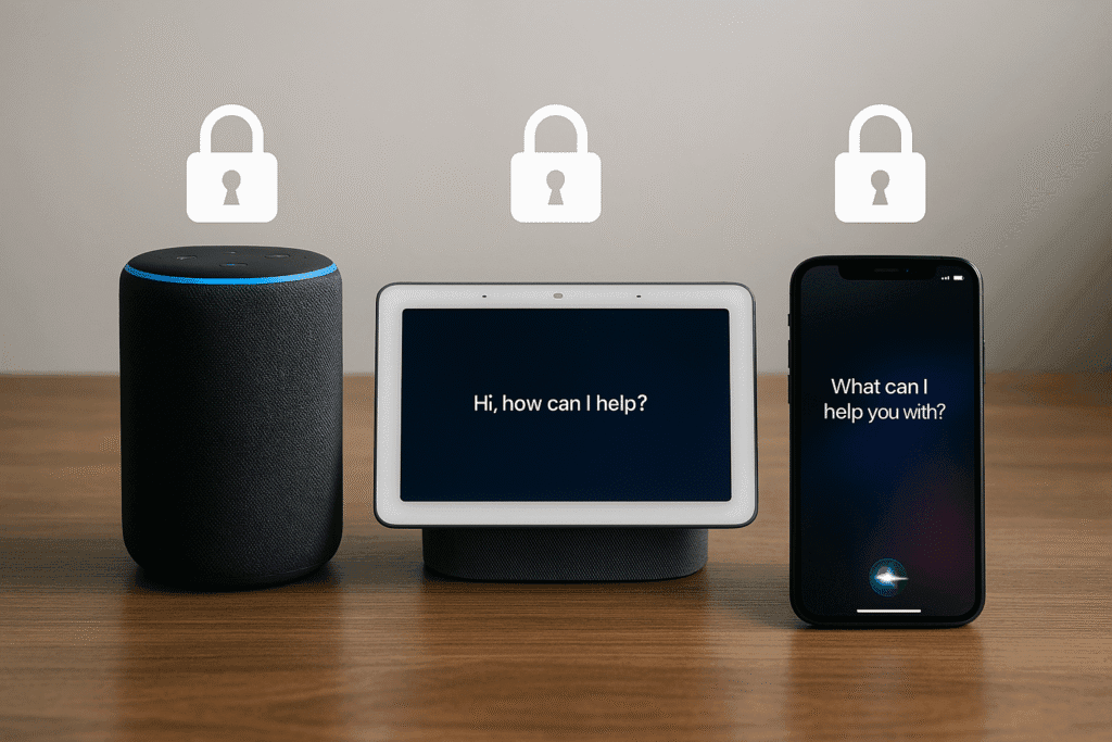 Smart speaker, smart display, and smartphone with lock icons above them, suggesting privacy or security
