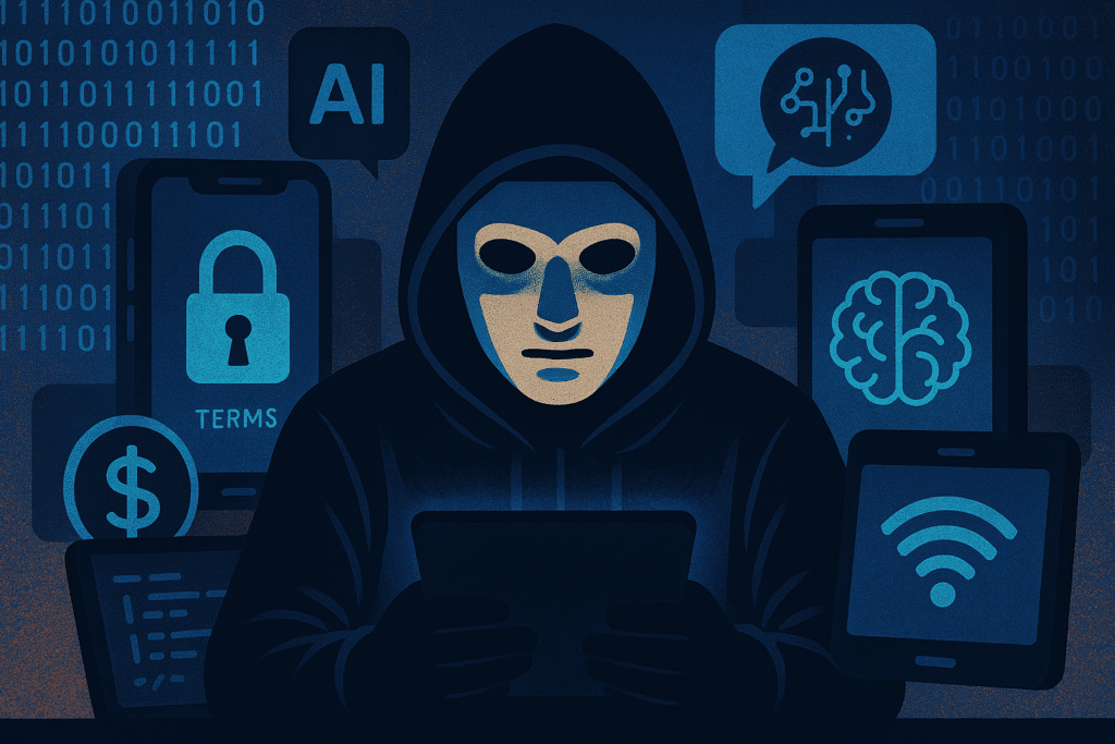 Hooded figure using a tablet, surrounded by icons for AI, privacy, money, code, brain, and Wi‑Fi