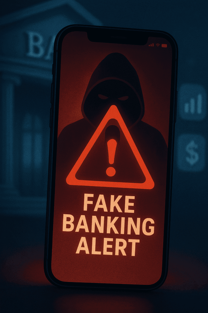 Warning about fake banking alert on a smartphone screen
