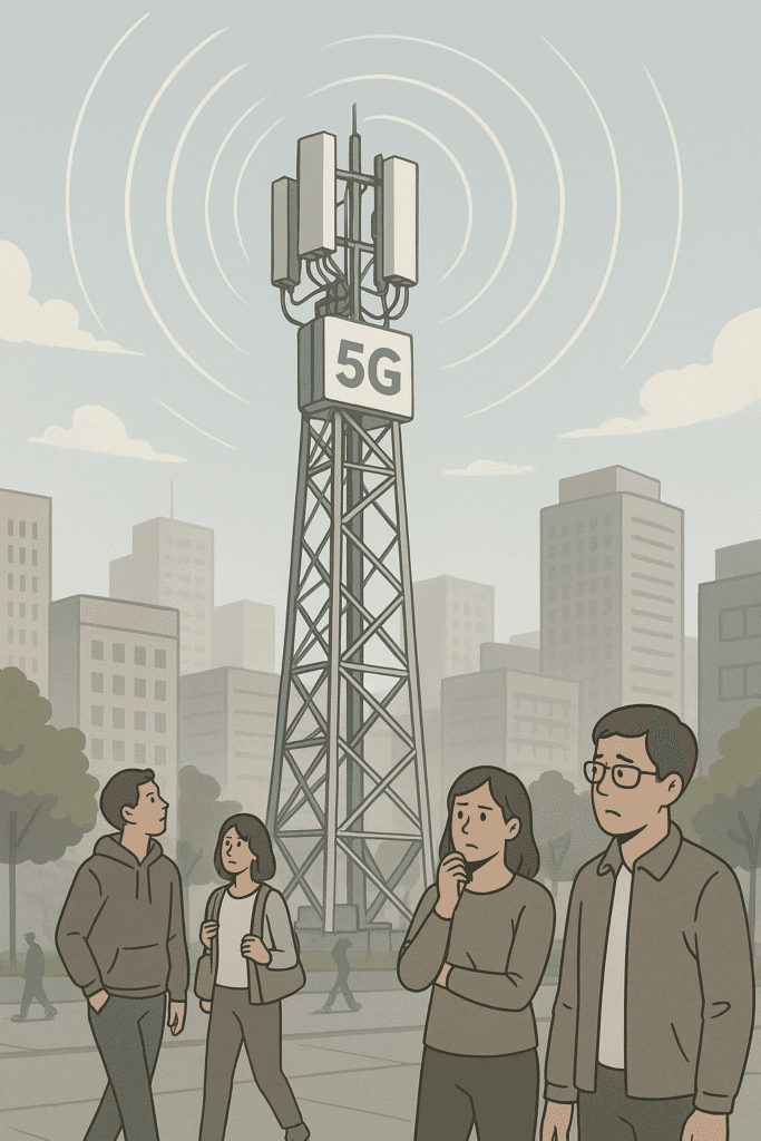 5G cell tower in a city with people looking concerned
