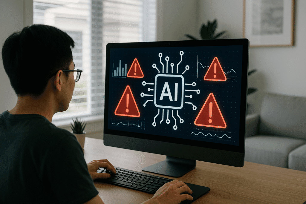 AI warning graphic on a computer screen with alert icons around a central AI chip