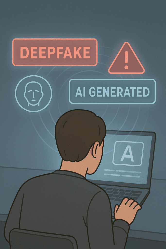 Illustration of a person using a laptop with labels “DEEPFAKE” and “AI GENERATED” and a warning icon