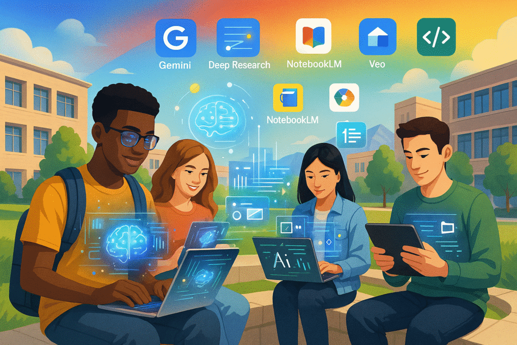 Students using Google AI tools on laptops outdoors on campus