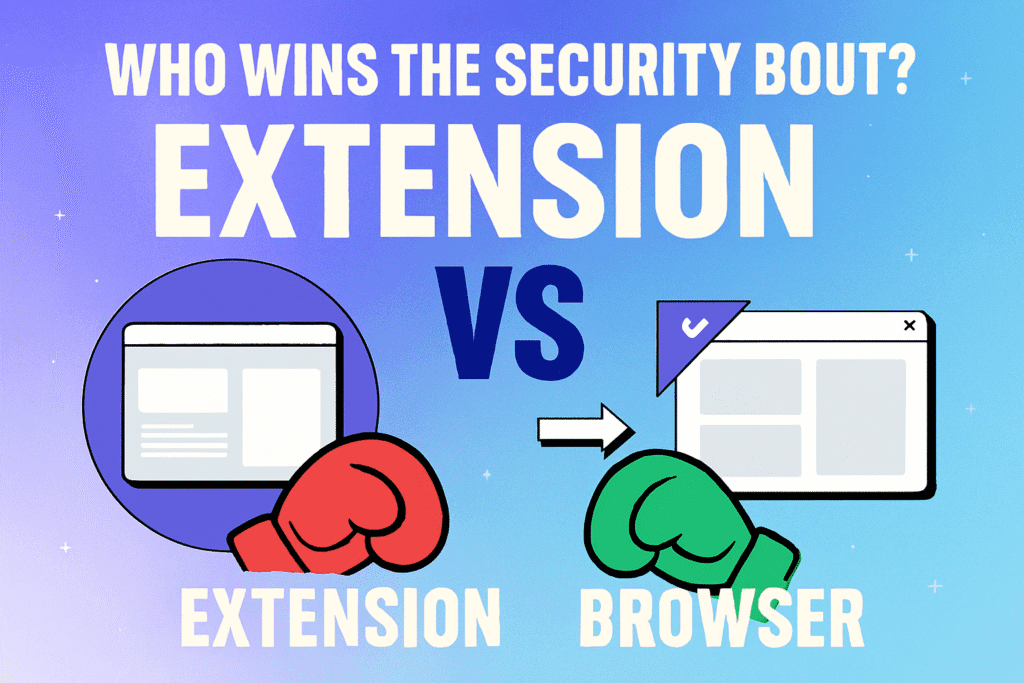 Comparison graphic asking who wins the security bout: extension vs browser, with boxing gloves and browser window icons