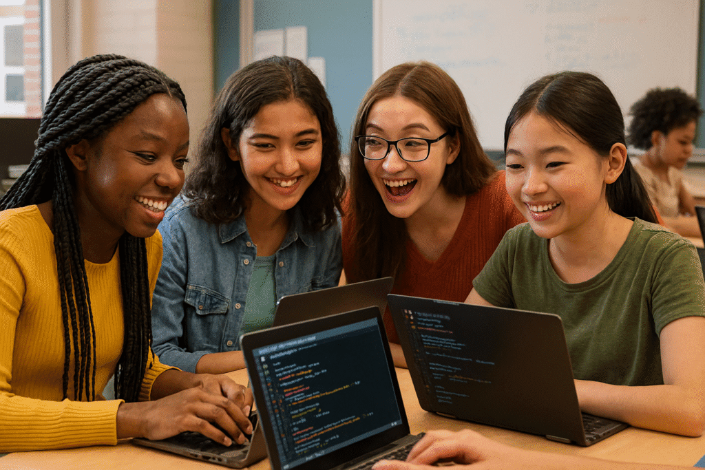 Four students smiling around laptops in a classroom, collaborating on coding
