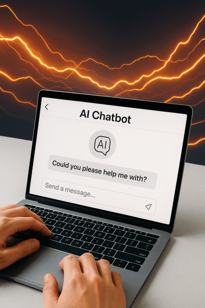Laptop showing an AI chatbot interface with the message “Could you please help me with?”