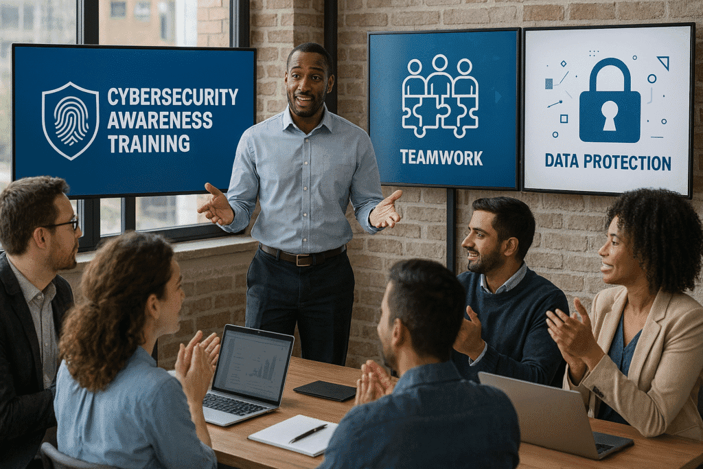 Cybersecurity awareness training presentation with slides on teamwork and data protection