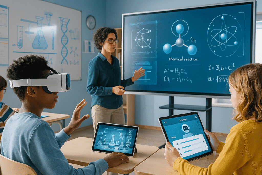 Teacher leading a science lesson with students using VR headsets and tablets