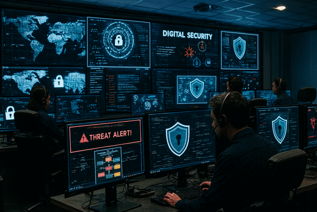 Cybersecurity operations center monitoring digital security dashboards and a threat alert