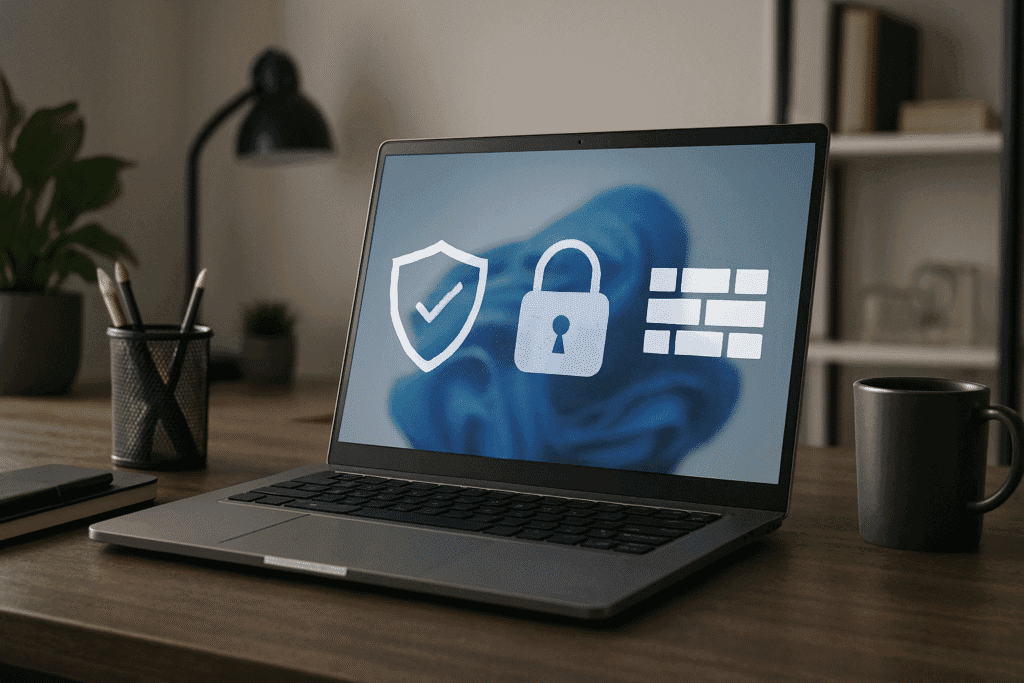 Laptop screen showing security icons: a shield, padlock, and firewall blocks
