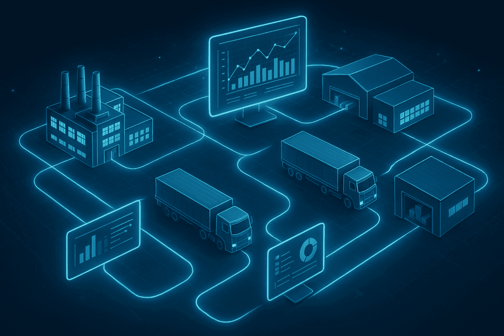 Digital supply chain network with factories, trucks, warehouses, and analytics dashboards
