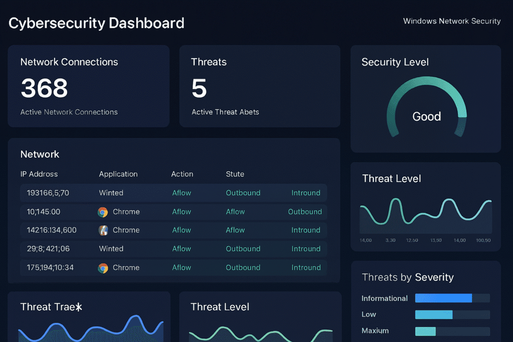 Cybersecurity dashboard showing network connections, threats, security level, and threat severity charts