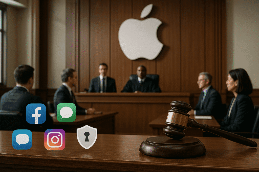Courtroom scene with Apple logo, social media icons, and a judge’s gavel on the bench