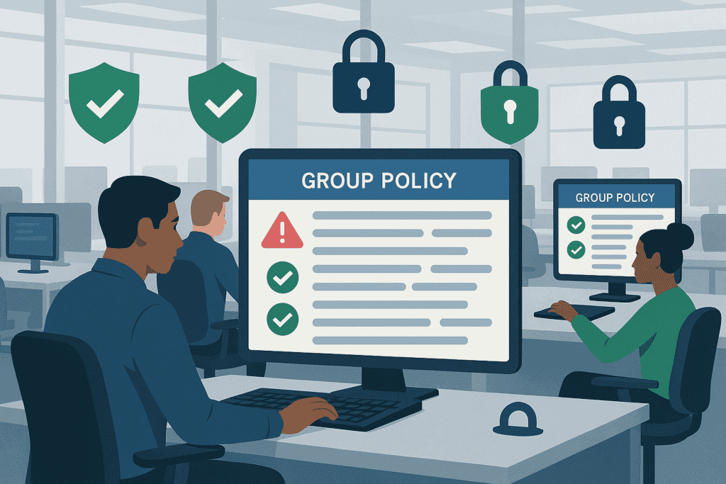 Office workers viewing a group policy screen with security shields and padlock icons