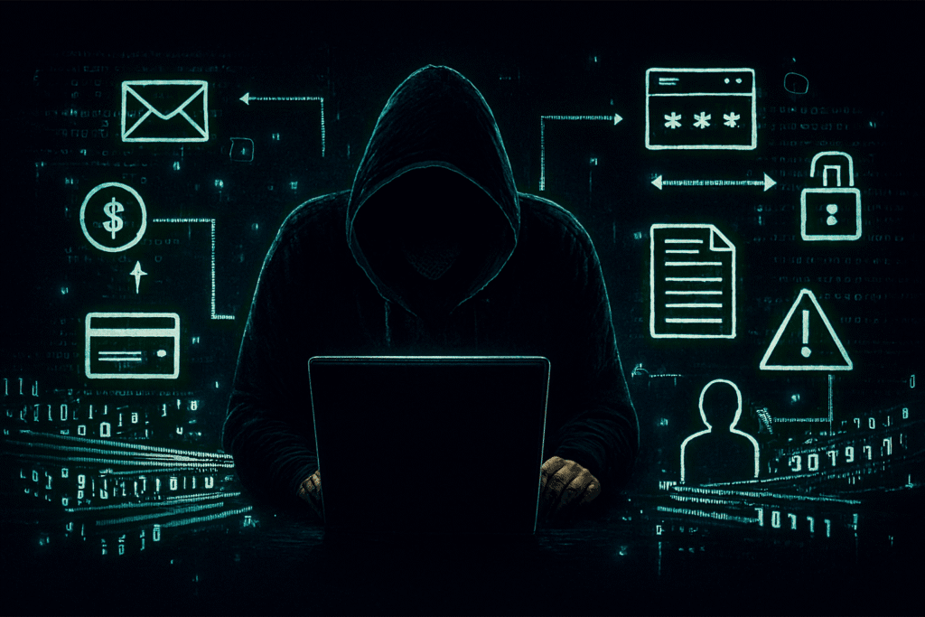 Hooded hacker using a laptop, surrounded by icons for email, money, passwords, documents, and security warnings
