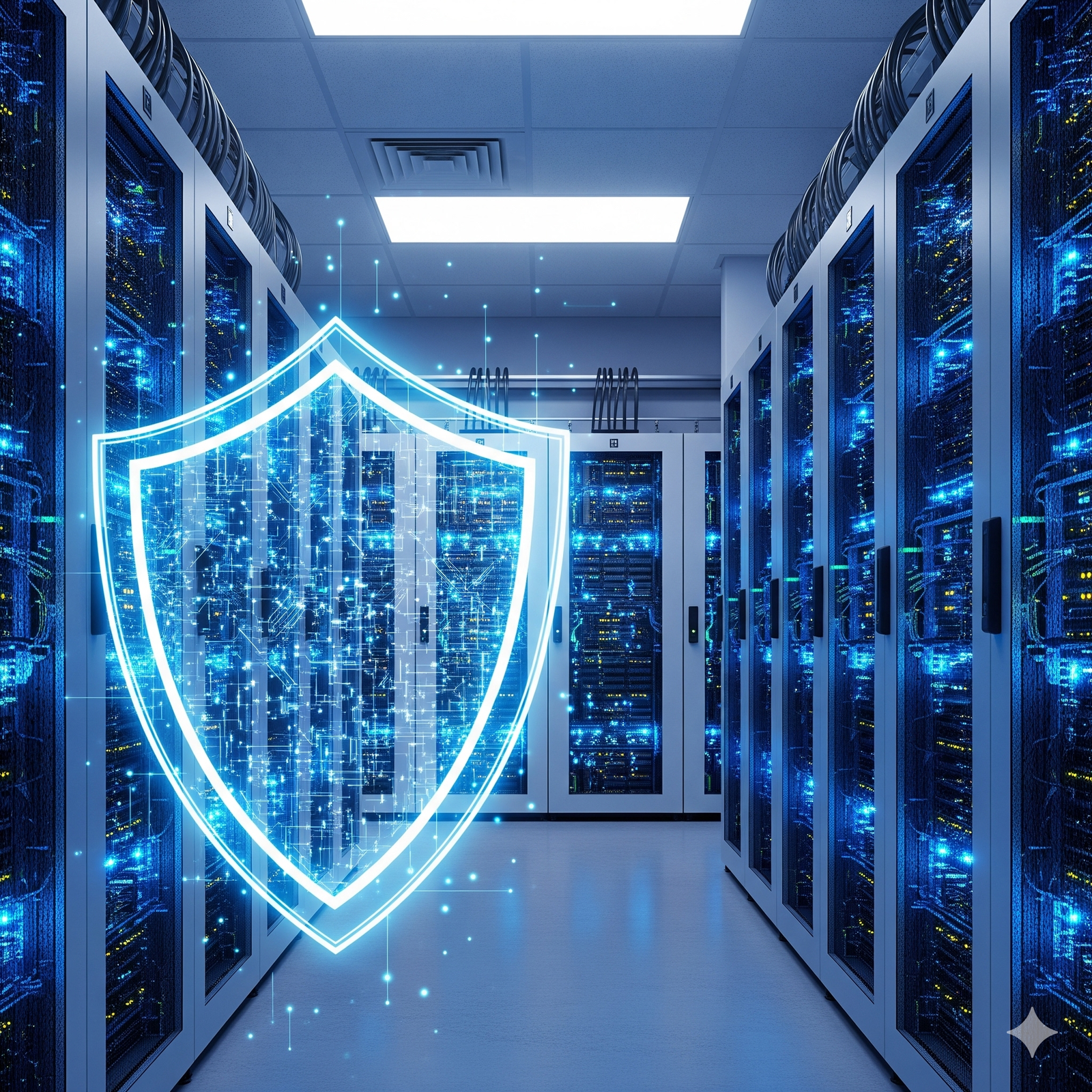 Modern data center with glowing server racks representing secure database management systems