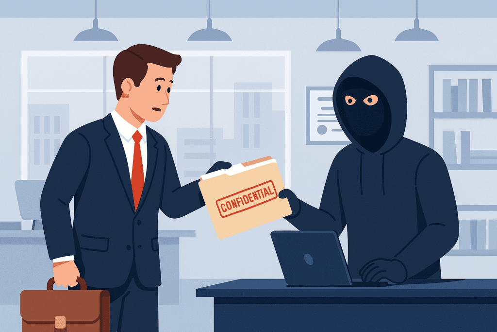 Masked person handing a confidential folder to a businessman in an office