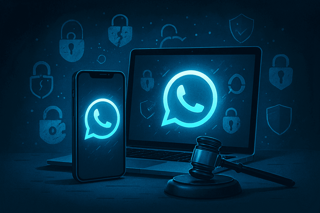 WhatsApp on phone and laptop with security icons and a judge’s gavel, suggesting legal scrutiny of messaging privacy