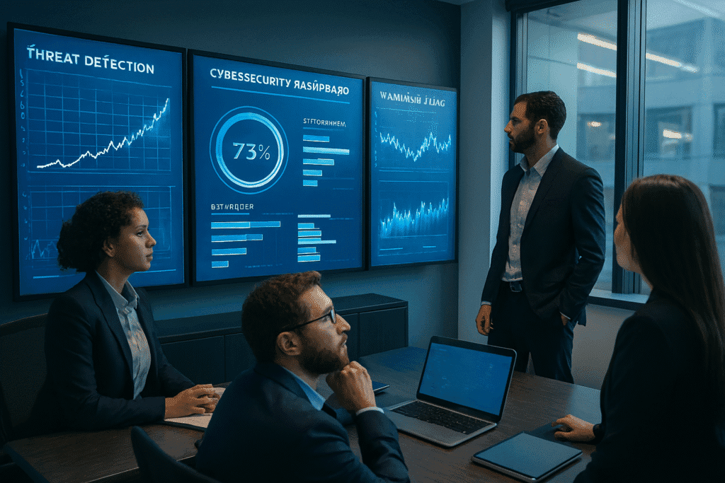 Cybersecurity team reviewing threat detection dashboards in a meeting room