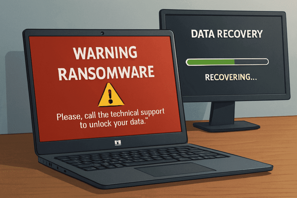 Laptop screen warning of ransomware and a message to call technical support to unlock data