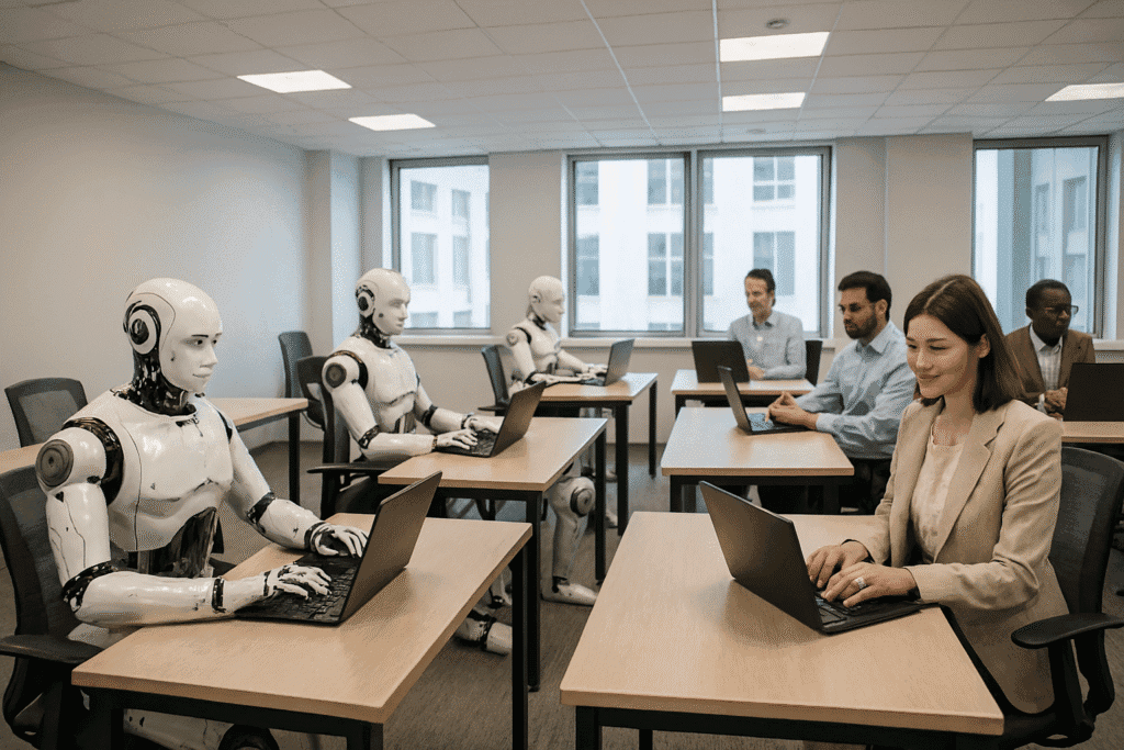 Humanoid robots and office workers using laptops in a classroom or training room