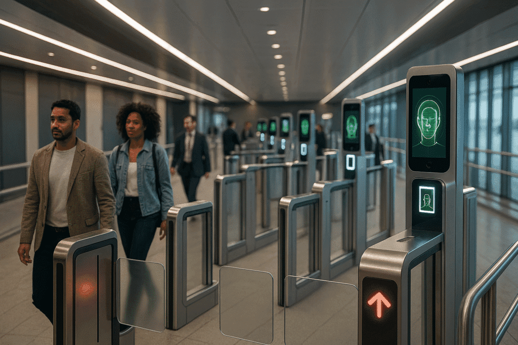 Biometric face-recognition turnstiles in a modern transit station with passengers walking through