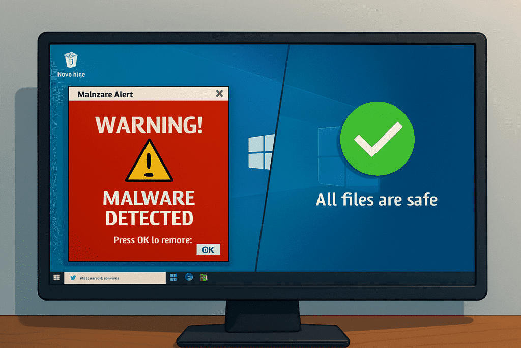 Malware warning dialog on a computer screen, alongside a message saying all files are safe