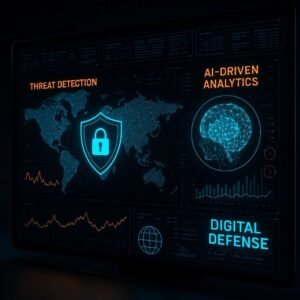 Digital defense dashboard displaying threat detection and AI-driven analytics for cybersecurity solutions.
