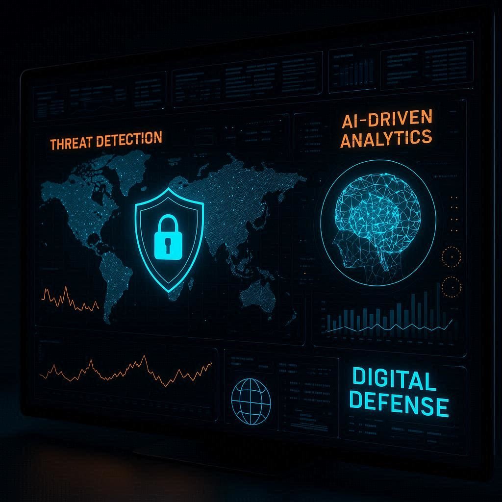 A futuristic cybersecurity dashboard displaying real-time threat detection, AI-driven analytics, and digital defense systems protecting global business networks.