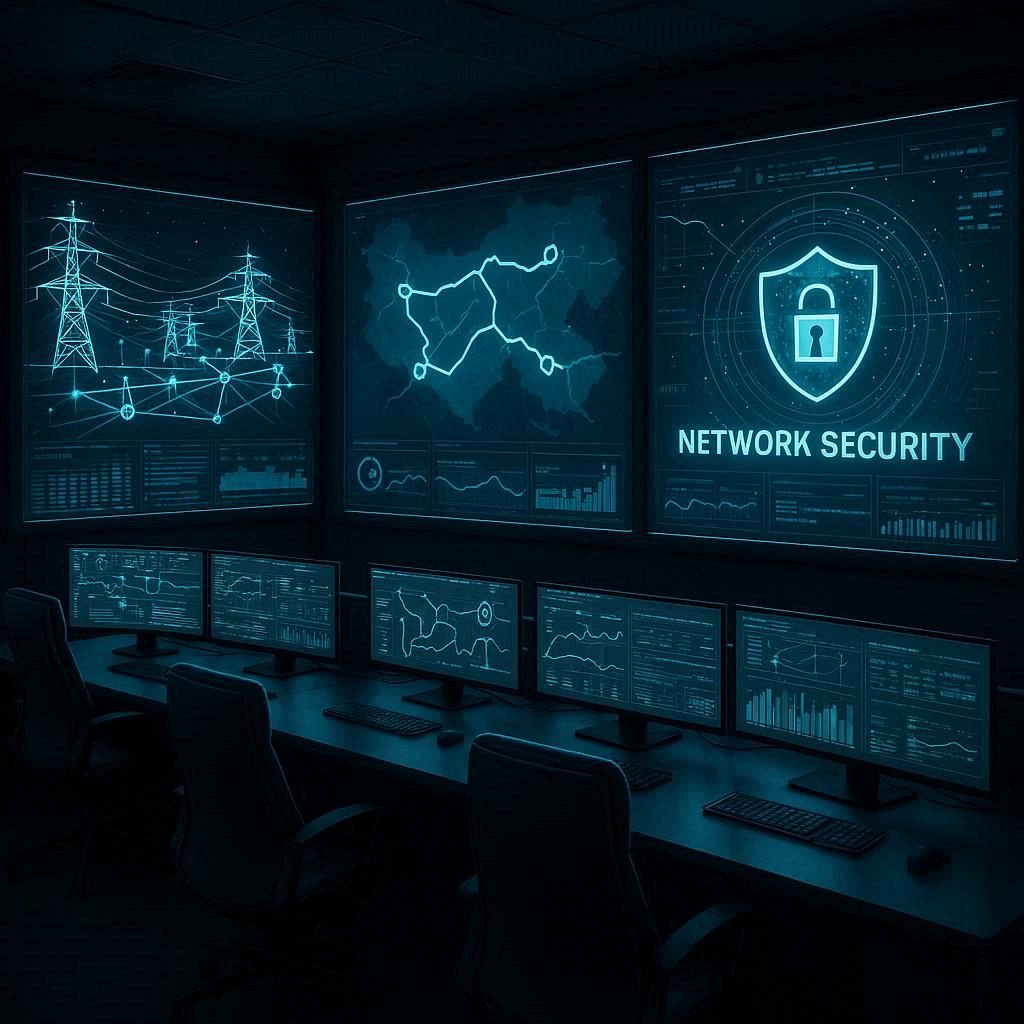 A high-tech control room displaying power grids, pipelines, and network security systems, symbolizing the protection of critical infrastructure through cybersecurity.