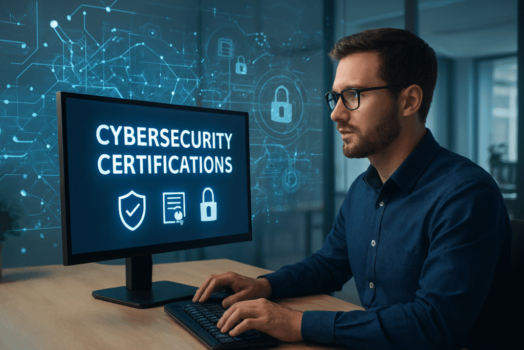 Man working at a computer with a screen reading “Cybersecurity Certifications” and security icons