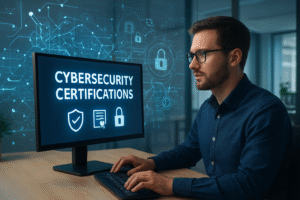 Professional examining cybersecurity certifications on a monitor, emphasizing IT consulting services.