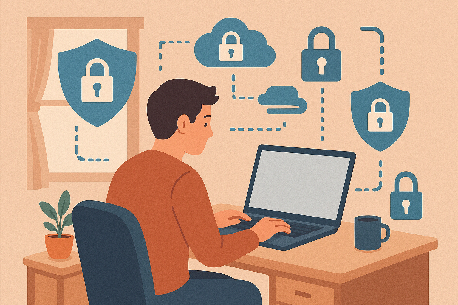An illustration of a remote worker sitting at a home desk with a laptop surrounded by digital security icons like locks, shields, and cloud symbols, representing data protection.
