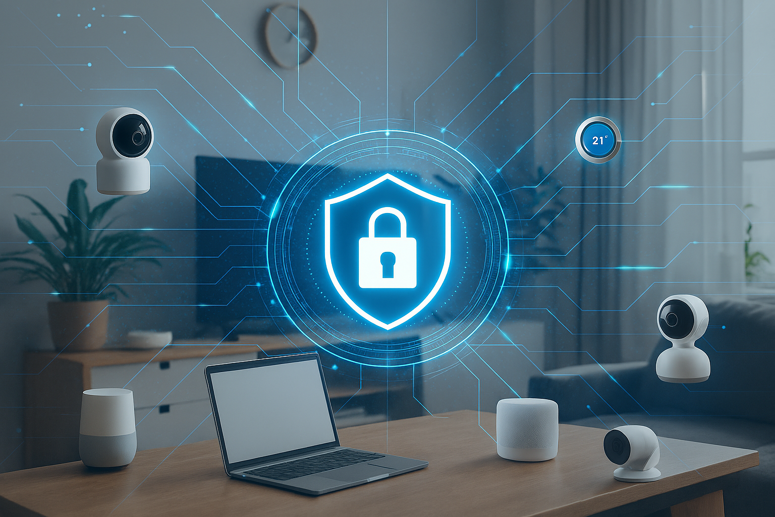 A modern home and office environment filled with interconnected smart devices (like cameras, thermostats, and laptops) surrounded by a glowing digital shield symbolizing cybersecurity protection.