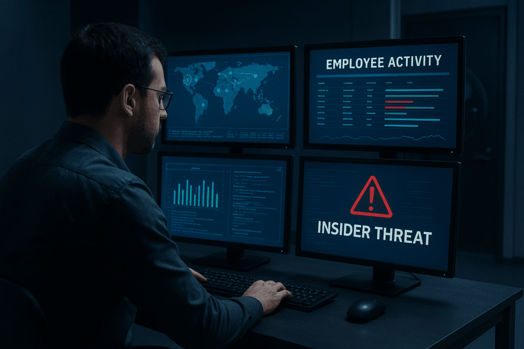 Security analyst monitoring employee activity and an insider threat alert on multiple screens
