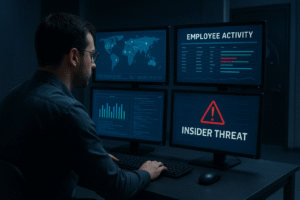 IT specialist monitoring cybersecurity alerts on multiple screens for Business PC Support