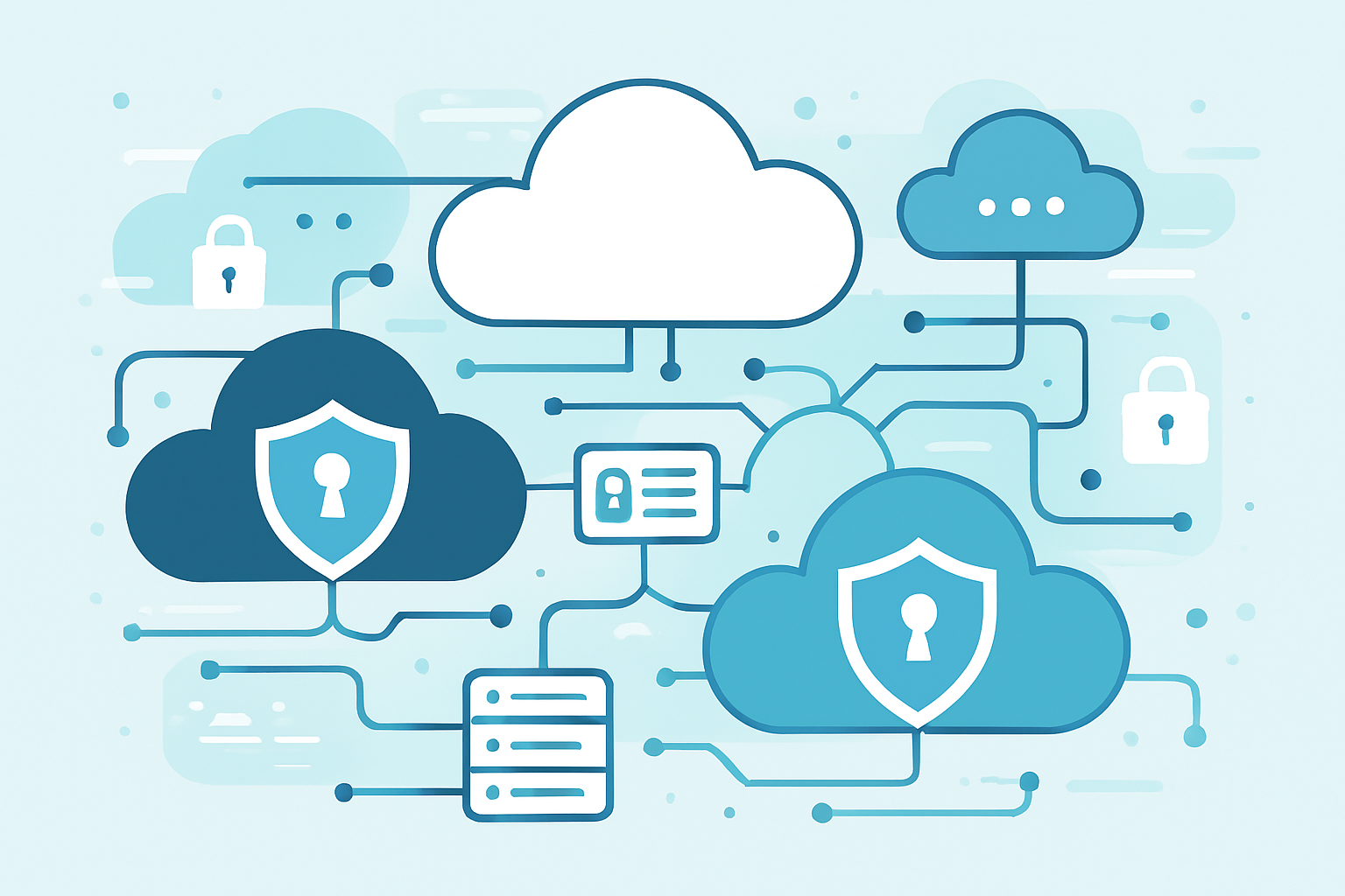 Visual representation of cloud security challenges across multiple cloud platforms with protective shields and encrypted data networks