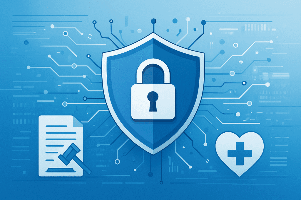 Cybersecurity shield with a padlock, surrounded by circuit lines, a legal document, and a health icon