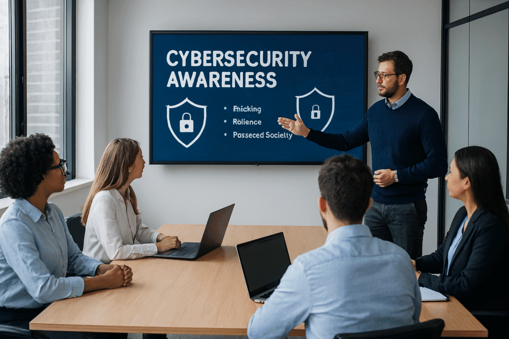 Cybersecurity awareness presentation with a presenter and team meeting around a conference table