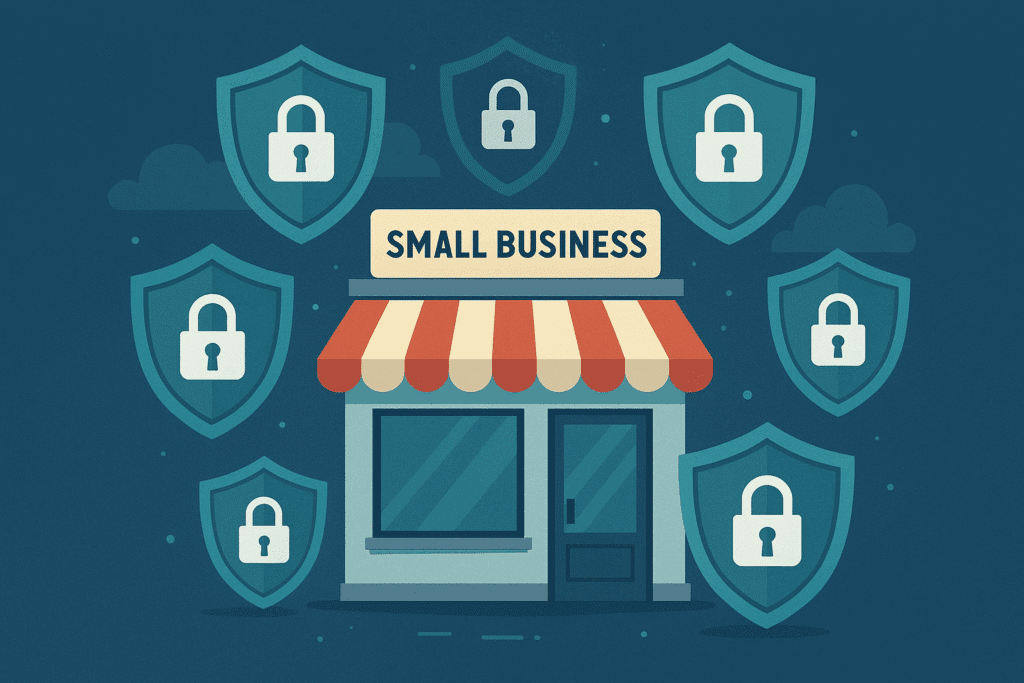 Small business storefront surrounded by security shields with padlock icons