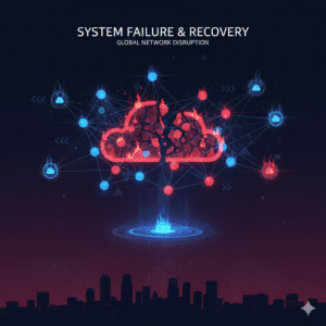 Professional business technology concept showing network infrastructure disruption - dark blue and red color scheme with digital network nodes, some glowing blue (working) and others red (failed), representing cloud service outage, with subtle Cloudflare-style design elements, Sacramento skyline silhouette in background, modern corporate style, high-tech aesthetic, dramatic lighting showing system failure and recovery, professional business illustration