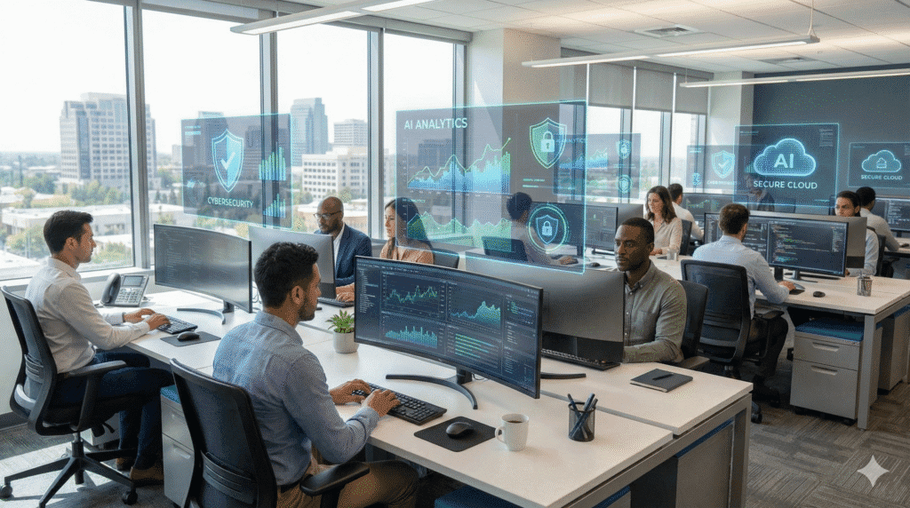 Office team working at computers with cybersecurity and AI analytics dashboards displayed